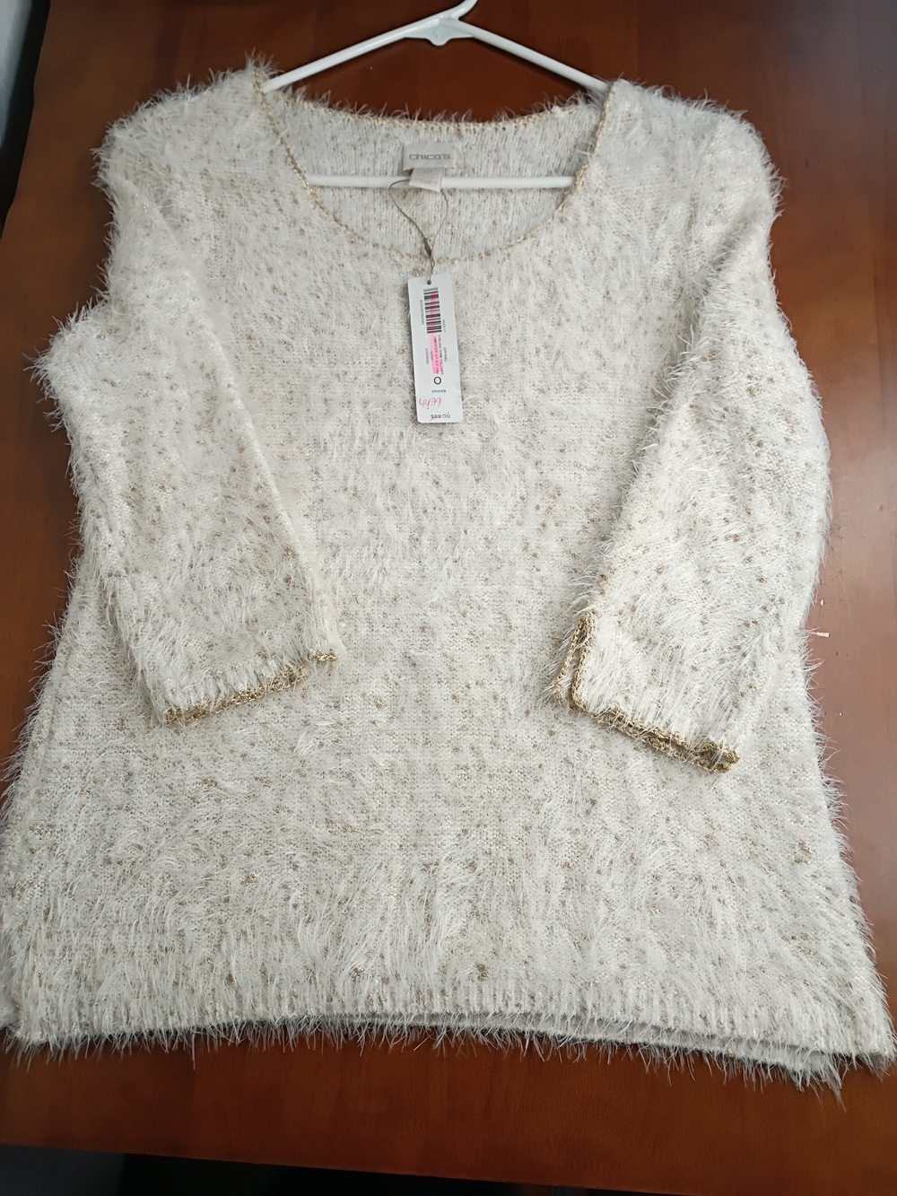 Chico's Cream Eyelash Knit Sweater with Gold Accent